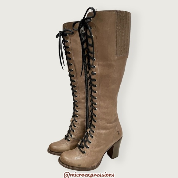 $599 Frye Julia Tall Lace Up Tan Beige Real Leather Military Zip Up Heeled Boots - Picture 3 of 14